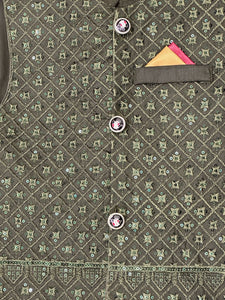 Elegant Olive Green Kids Shalwar Kameez with Embroidered Waistcoat
