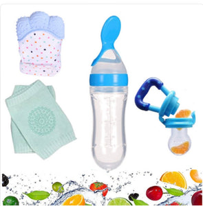 4 PCS COMBO DEAL ( FRUIT PACIFIER, SPOON FEEDER, TEETHING MITTEN, KNEE PAD)