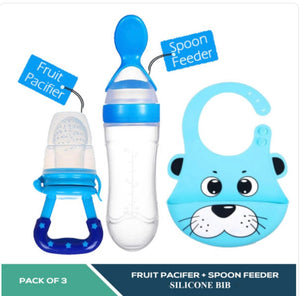 3 PCS COMBO DEAL (FRUIT PACIFIER,SILICONE SPOON FEEDER , SILICONE BIB)