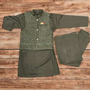 Elegant Olive Green Kids Shalwar Kameez with Embroidered Waistcoat