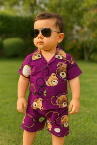 PREMIUM QUALITY BABY BOY SUMMER CO-ORD SUIT- PURPLE BEAR FACE PRINT