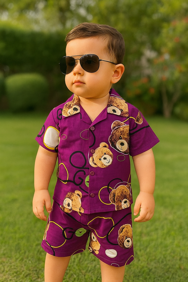 PREMIUM QUALITY BABY BOY SUMMER CO-ORD SUIT- PURPLE BEAR FACE PRINT