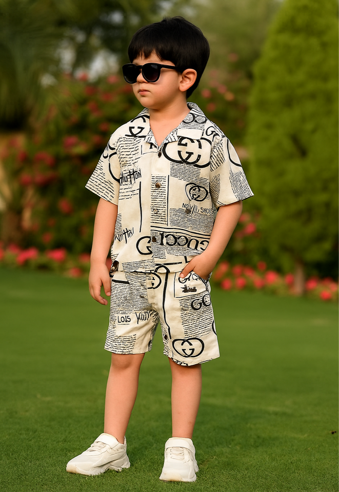 PREMIUM QUALITY BABY BOY SUMMER CO-ORD SUIT- WHITE TRENDING PRINT