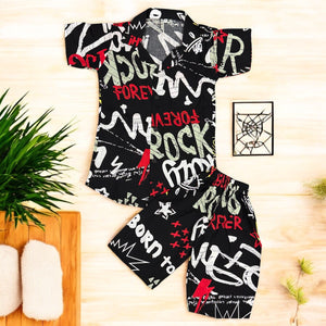 Black “Rock Forever” Graphic Shirt & Shorts Set for Kids