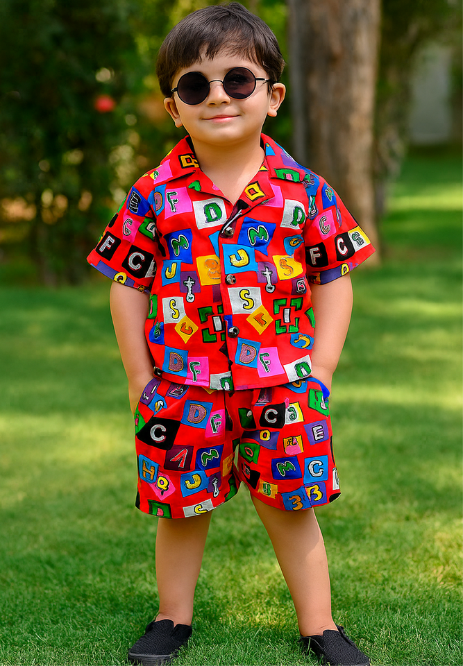 PREMIUM QUALITY BABY BOY SUMMER CO-ORD SUIT- RED ALPHABET