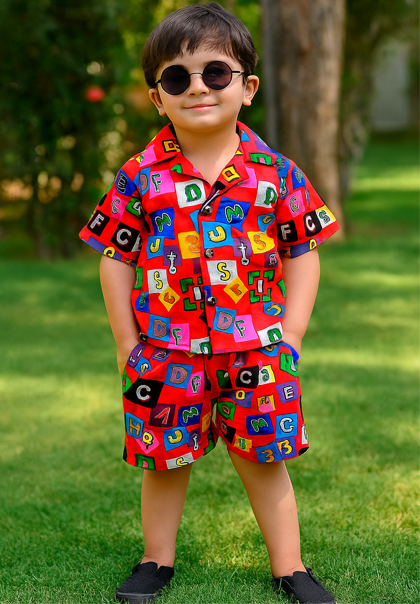 PREMIUM QUALITY BABY BOY SUMMER CO-ORD SUIT- RED ALPHABET
