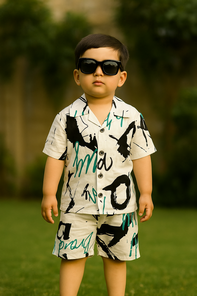 PREMIUM QUALITY BABY BOY SUMMER CO-ORD SUIT- BOLD WHITE PRINT