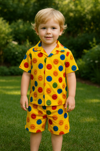 Bright Yellow Smiley Print Shirt & Shorts Set for Kids
