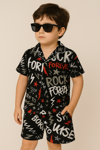 Black “Rock Forever” Graphic Shirt & Shorts Set for Kids